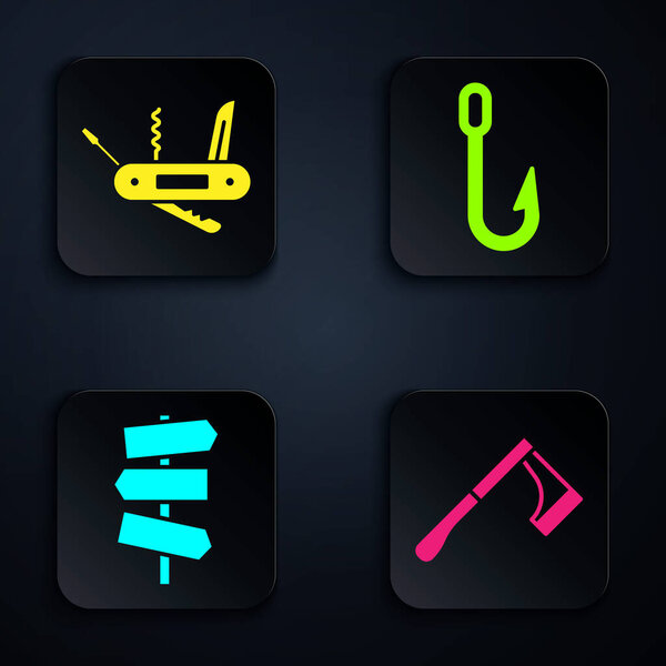 Set Wooden axe, Swiss army knife, Road traffic signpost and Fishing hook. Black square button. Vector.