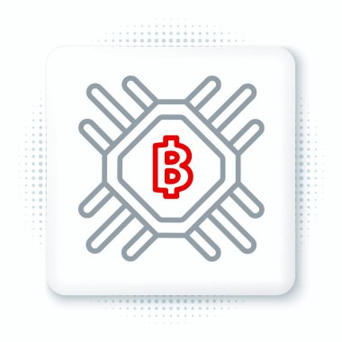 Hat işlemci çiftlik ikonu beyaz arka planda izole edildi. İşlemcinin içinde bitcoin işareti. Kripto para madenciliği topluluğu. Dijital para. Renkli taslak konsepti. Vektör.
