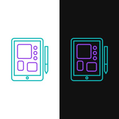 Çizgi Grafik tableti simgesi beyaz ve siyah arkaplanda izole edildi. Renkli taslak konsepti. Vektör.