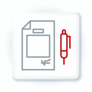 Satır Sözleşmesi parası ve kalem simgesi beyaz arkaplanda izole edildi. Bankacılık belgeleri dolar finans para sayfası. Renkli taslak konsepti. Vektör.