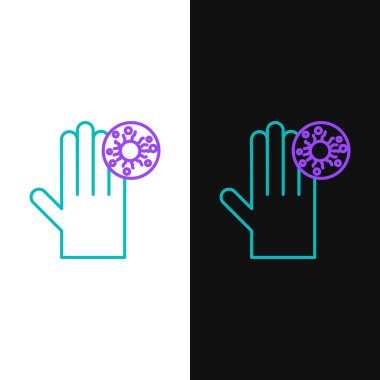 Virüs ikonuna sahip Çizgi El beyaz ve siyah arkaplanda izole edilmiş. Corona virüsü 2019-nCoV. Bakteri ve mikroplar, hücre kanseri, mikrop, mantar. Renkli taslak konsepti. Vektör.