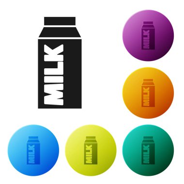 Süt simgesi için siyah kağıt paketi beyaz arka planda izole edildi. Süt paketi işareti. Simgeleri renk daire düğmelerine ayarla. Vektör.