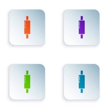 Beyaz arkaplanda renkli yuvarlanan pin simgesi izole edildi. Kare düğmelere renkli simgeleri yerleştir. Vektör.