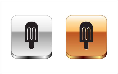 Beyaz arka planda izole edilmiş siyah dondurma ikonu. Güzel sembol. Gümüş-altın kare düğme. Vektör.