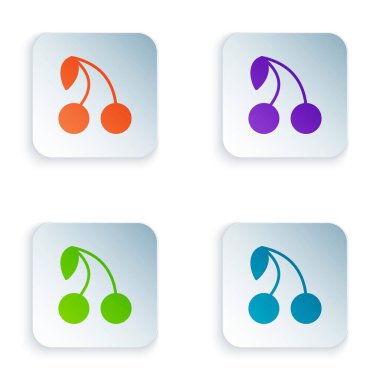 Beyaz arkaplanda kiraz rengi simgesi izole edildi. Yaprak sembollü meyve. Kare düğmelere renkli simgeleri yerleştir. Vektör.