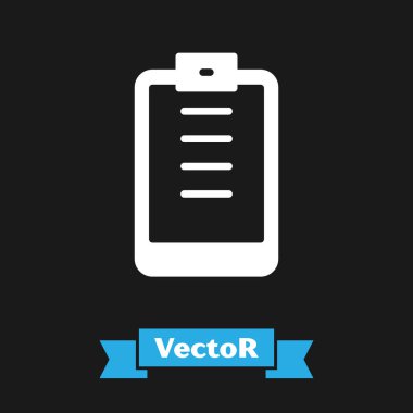 Siyah arkaplanda kontrol listesi simgesi olan beyaz pano. Kontrol listesi sembolü. Anket anketi ya da anket geri bildirim formu. Vektör.