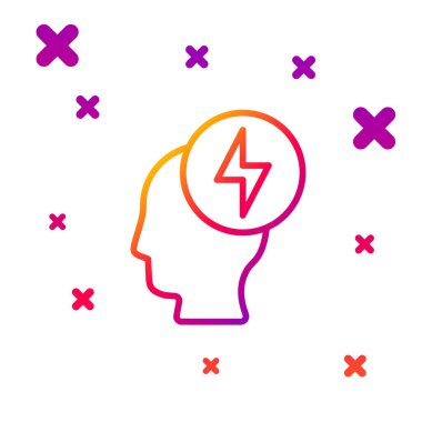 Beyaz arka planda izole edilmiş renkli insan kafası ve elektrik sembolü simgesi. Kademeli rastgele dinamik şekiller. Vektör.