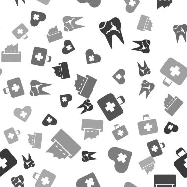 Kırık diş, haçlı kalp, ilk yardım çantası ve kağıt havlu kutusunu duvarda pürüzsüz desenli. Vektör.