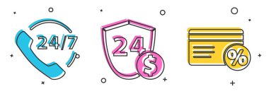 Telefon desteğini 24 saat, kalkanı dolar ile, indirim kartını da yüzde ikon ile ayarla. Vektör.