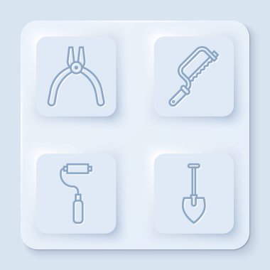 Kerpeten, testere, boya fırçası ve kürek ayarlayın. Beyaz kare düğme. Vektör.