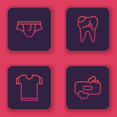 Set çizgisi iç çamaşırı, tişört, kırık diş ve sabun. Mavi kare düğme. Vektör.