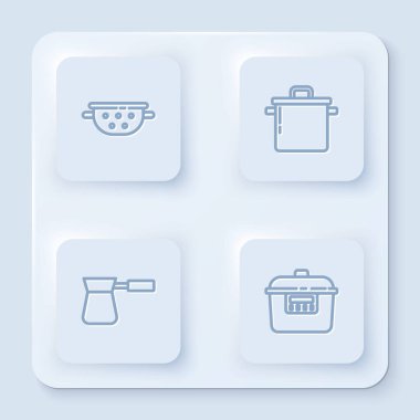 Mutfak kevaşesi, tencere, Türk kahvesi ve Yavaş Fırın. Beyaz kare düğme. Vektör.