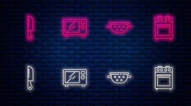 Hattı mikrodalga fırın, mutfak süzgeci, bıçak ve fırın ayarlayın. Tuğla duvarda parlayan neon simgesi. Vektör.