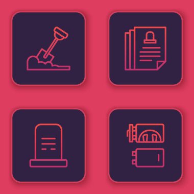 Toprağa kürek, mezar taşı, ölüm belgesi ve krematoryum koyun. Mavi kare düğme. Vektör.