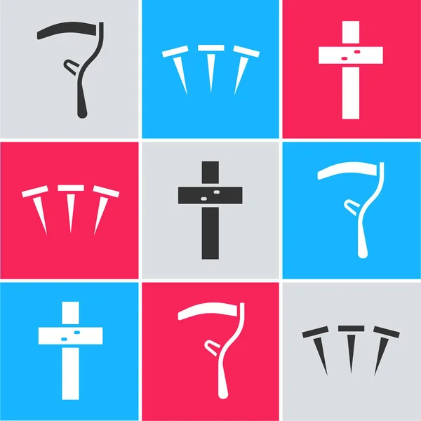 Set Scythe Metallic Nails Christian Cross Icon Vector — Stock Vector