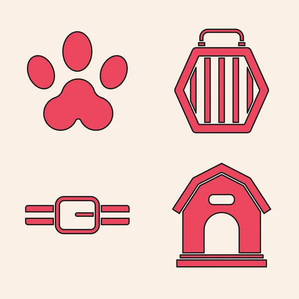 Ορισμός Σπίτι Σκυλιών Εκτύπωση Paw Pet Θήκη Μεταφοράς Και Collar — Διανυσματικό Αρχείο