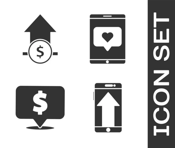 Zestaw Smartphone Telefon Komórkowy Wzrost Finansowy Monety Bańka Mowa Dolara — Wektor stockowy