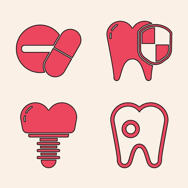 Set Dente Com Cárie Pílula Comprimido Medicina Proteção Dentária Ícone —  Vetores de Stock