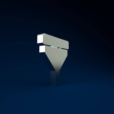 Mavi arkaplanda gümüş huni ya da filtre simgesi izole edildi. Minimalizm kavramı. 3d illüstrasyon 3B canlandırma.
