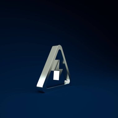 Mavi arka planda Silver High voltaj simgesi izole edildi. Tehlike sembolü. Üçgendeki ok. Uyarı simgesi. Minimalizm kavramı. 3d illüstrasyon 3B canlandırma.
