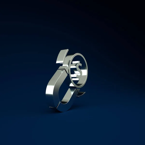 Silver Magnet with money icon isolated on blue background. Concept of attracting investments. Big business profit attraction and success. Minimalism concept. 3d illustration 3D render.
