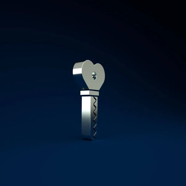 青の背景に隔離されたハート型のアイコンのシルバーキー バレンタインデー 最小限の概念 3Dイラスト3Dレンダリング — ストック写真