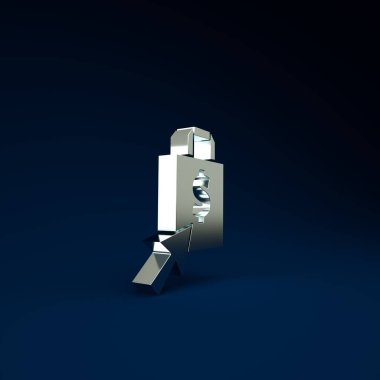 Mavi arka planda gümüş renkli Shoping çanta ve dolar simgesi var. El çantası işareti. Kadın çanta ikonu. Kadın el çantası işareti. Minimalizm kavramı. 3d illüstrasyon 3B canlandırma.