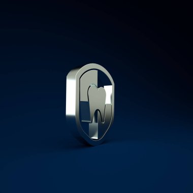 Mavi arka planda gümüş diş koruma ikonu izole edildi. Kalkan logosunda diş. Minimalizm kavramı. 3d illüstrasyon 3B canlandırma.