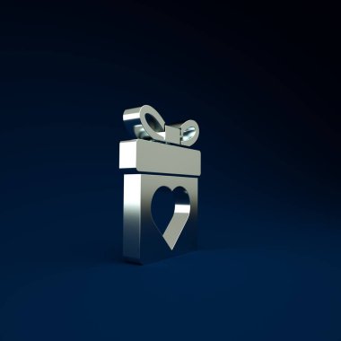 Mavi arka planda kalp ikonu olan gümüş hediye kutusu. Sevgililer Günü. Minimalizm kavramı. 3d illüstrasyon 3B canlandırma.