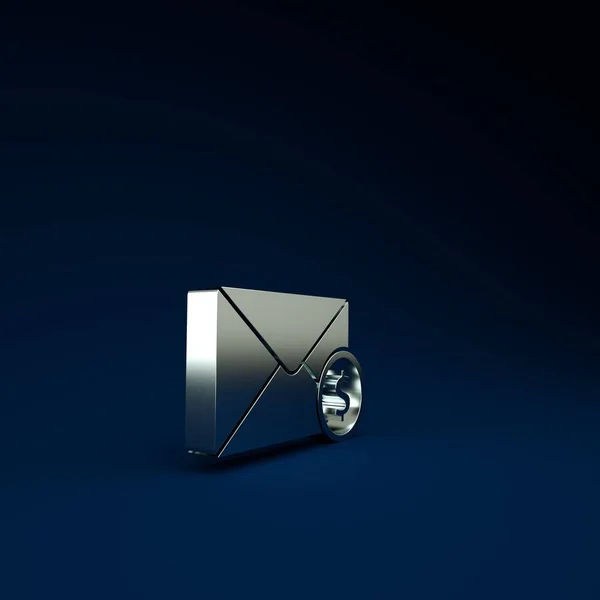 Silver Envelope with coin dollar symbol icon isolated on blue background. Salary increase, money payroll, compensation income. Minimalism concept. 3d illustration 3D render.
