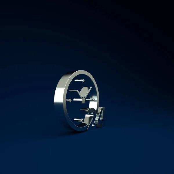 シルバークロック青の背景に隔離された24時間アイコン 丸一日アイコン 24時間サービスシンボル 最小限の概念 3Dイラスト3Dレンダリング — ストック写真