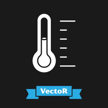 Beyaz Sauna termometre simgesi siyah arkaplanda izole edildi. Sauna ve banyo malzemeleri. Vektör.