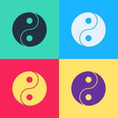 Pop sanatı Yin Yang renk arkaplanında izole edilmiş uyum ve denge sembolü. Vektör.