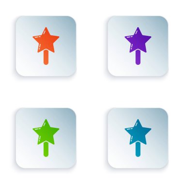 Renkli lolipop simgesi beyaz arkaplanda izole edildi. Şeker işareti. Yemek, lezzetli bir sembol. Kare düğmelere renkli simgeleri yerleştir. Vektör.