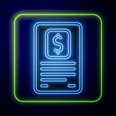 Işıldayan neon işletme finans raporu mavi arkaplanda izole edilmiş. Denetim ve analiz, belge, plan sembolü. Vektör.