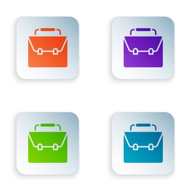 Beyaz arkaplanda izole edilmiş renkli evrak çantası simgesi. İş ilanı. İş portföyü. Kare düğmelere renkli simgeleri yerleştir. Vektör.