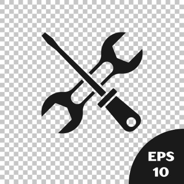 Siyah tornavida ve anahtar anahtar araçları simgesi şeffaf arkaplanda izole edildi. Servis aracı sembolü. Vektör.
