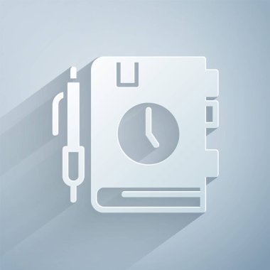 Kağıt kesiği günlük kağıt not defteri simgesi gri arkaplanda izole edildi. Kağıt sanatı tarzı. Vektör.