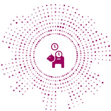 Beyaz arka planda izole edilmiş madeni para ikonu olan mor domuz kumbarası. Tasarruf ya da para birikimi, yatırım. Soyut çember rastgele noktalar. Vektör.