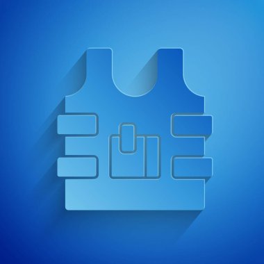 Kurşun geçirmez yelek, mavi arka planda izole edilmiş kurşun ikonundan korunmak için. Vücut zırhı işareti. Askeri kıyafetler. Kağıt sanatı tarzı. Vektör.