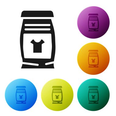 Beyaz arka planda izole edilmiş otomatik çamaşır makinesi simgesi için siyah deterjan. Simgeleri renk daire düğmelerine ayarla. Vektör.