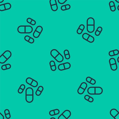 Mavi çizgi haplı kapsül ikonu vitamin kompleksi yeşil arka planda izole edilmiş kusursuz desen. Sağlıklı bir yaşam tarzı. Vektör.