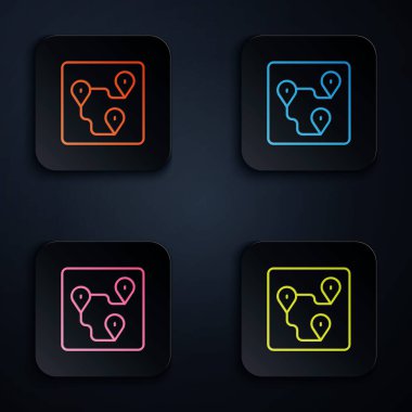 Renkli neon hattı rota simgesi siyah arkaplanda izole edildi. Harita işaretçisi işareti. Yol ya da yol kavramı. GPS navigatörü. Kare düğmelere simgeleri yerleştir. Vektör.