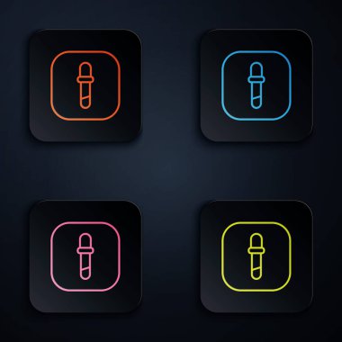 Renkli neon çizgisi simgesi siyah arkaplanda izole edildi. Tıbbi elementler, kimya laboratuarı ekipmanları. Tıp sembolü. Kare düğmelere simgeleri yerleştir. Vektör.