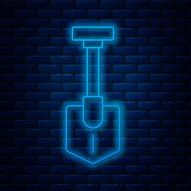 Parlayan neon çizgili kürek ikonu tuğla duvar arkasında izole edilmiş. Bahçe aletleri. Bahçecilik, tarım, çiftçilik aleti. Vektör.