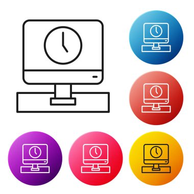 Siyah çizgi bilgisayar izleme zaman simgesi beyaz arkaplanda izole edildi. Elektronik cihaz. Ön manzara. Renkli daire düğmelerini ayarlayın. Vektör.