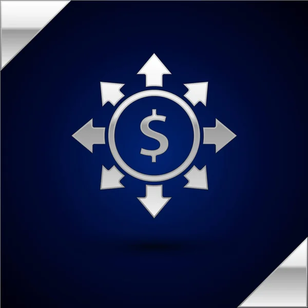 Dollar Argenté Partager Icône Réseau Isolé Sur Fond Bleu Foncé — Image vectorielle