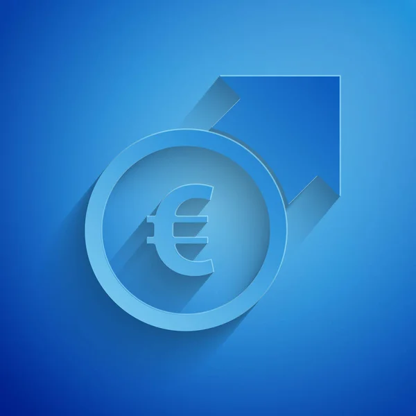 Paper Cut Financial Growth Euro Coin Icon Isolated Blue Background — Stock Vector