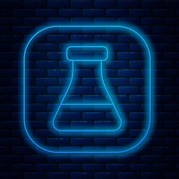 Parlayan neon hattı test tüpü ve kimyasal test ikonu tuğla duvar arka planında izole edilmiş. Laboratuvar cam levhası. Vektör.