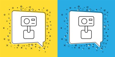 Sarı ve mavi arkaplanda ekstrem kamera simgesi belirle. Ekstrem sporları çekmek için video kamera ekipmanı. Vektör.